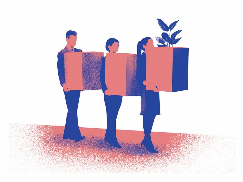 Illustration of three people in business attire carrying moving boxes.