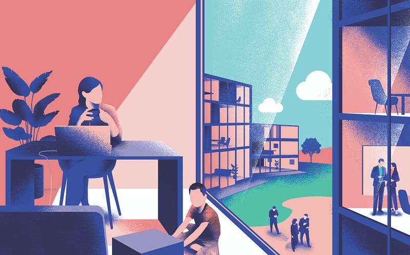 Illustration of a woman working next to an open window in an office building, with her child playing on the floor beside her.