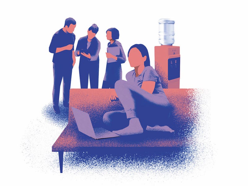 Illustration of an office worker working on a couch with co-workers talking beside a water cooler in the background.