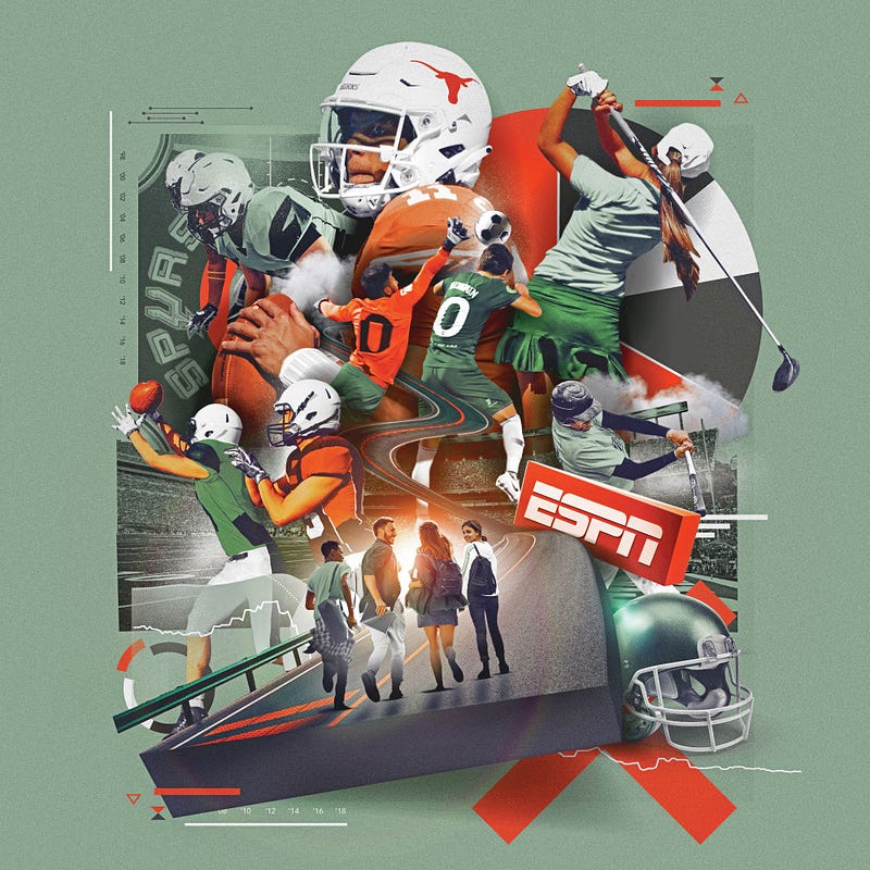Collage of athletes, including the San Antonio Spurs and Texas Longhorns, and various green, orange, and sports-themed symbols.