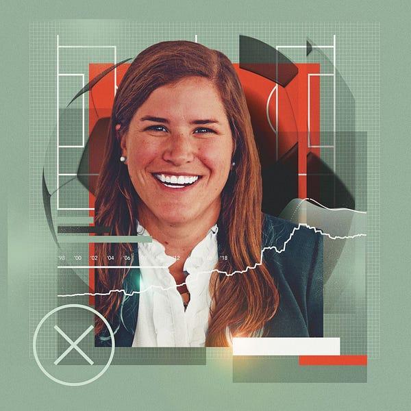 Illustration of Katherine Rowe smiling with orange, green, and sports-themed symbols in the background.