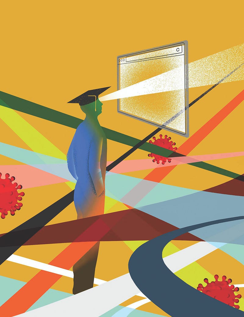Illustration of a man in a graduation cap looking at a browser window, with colorful bars and large viruses in the background.