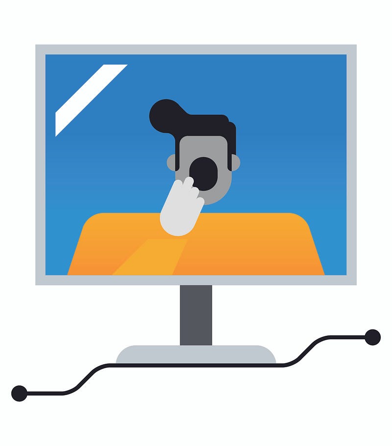 Illustration of a man on a computer screen yawning during a video conference call.