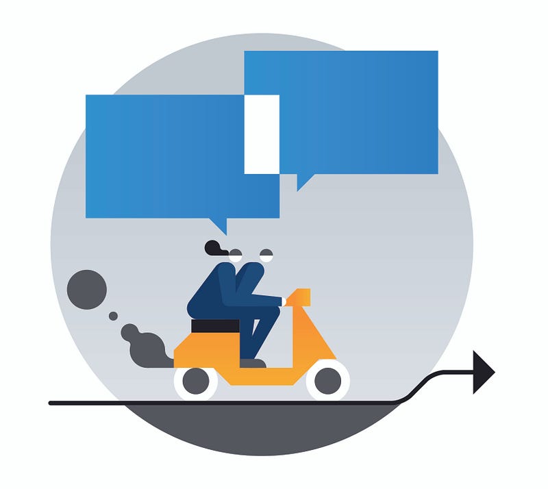 Illustration of two people riding a scooter with text bubbles floating above them and an arrow pointing to the right.