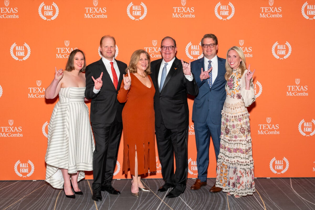 Jessica and Will Smith, Anne and Brien Smith, and Patrick and Kristin Smith celebrate Brien’s induction into Texas McCombs Hall of Fame Nov. 8, 2024.