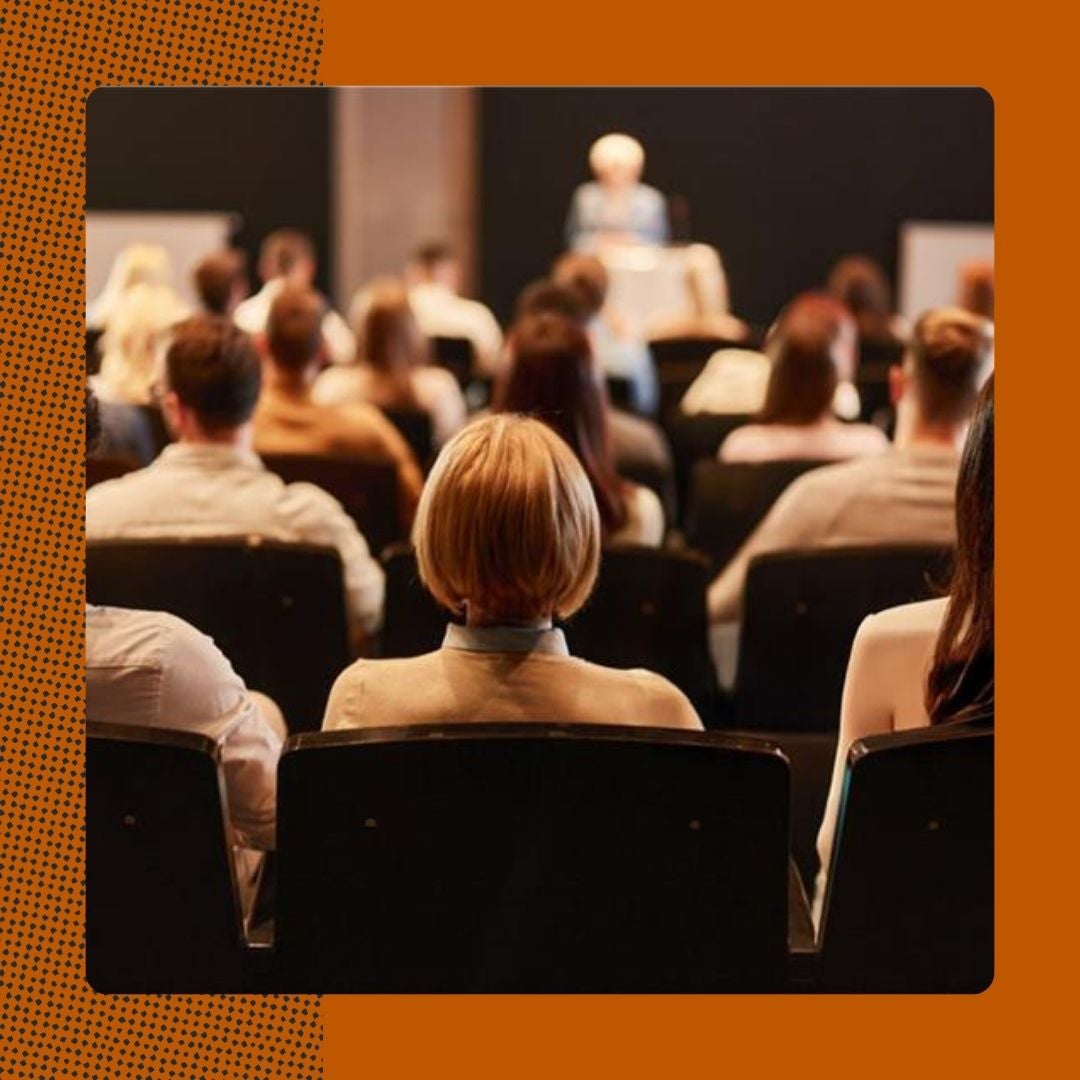 Upcoming events graphic showing back of woman's head in lecture hall