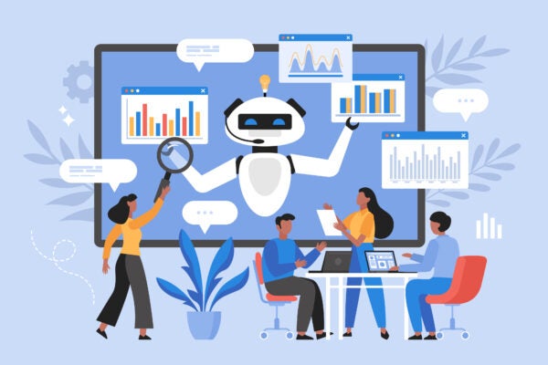 Artificial intelligence tool for data analysis business concept. Modern vector illustration of people using AI technology for charts and marketing strategy