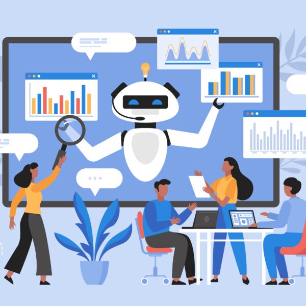 Artificial intelligence tool for data analysis business concept. Modern vector illustration of people using AI technology for charts and marketing strategy
