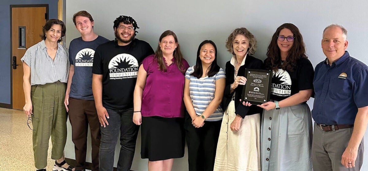 The McCombs School and the nonprofit Foundation Communities celebrate 20 years of providing tax
preparation services. From left: Kristen Vassallo, Miller Wilbourn, and Dray Sears (all from Foundation
Communities); Megan Allen, Alice Nguyen, and Donna Blair-Johnston (from UT); Jackie Cuellar and Walter
Moreau of Foundation Communities.