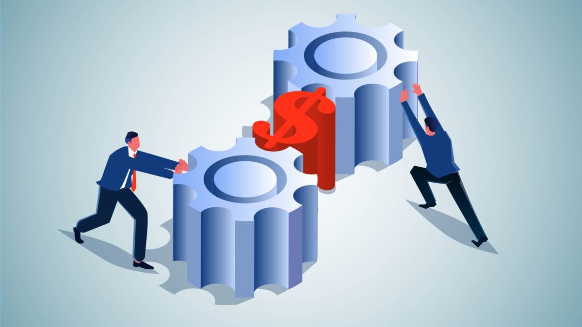 Collaboration to create more business value or profit, teamwork to optimize business costs or business plans, two businessmen pushing the gears together to make the dollar work better