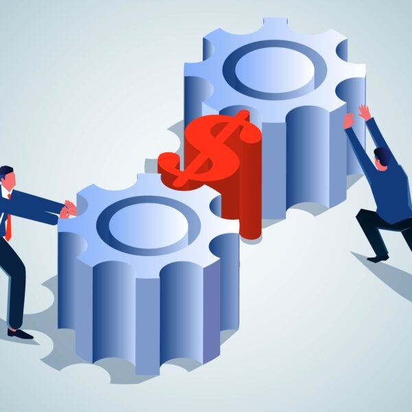 Collaboration to create more business value or profit, teamwork to optimize business costs or business plans, two businessmen pushing the gears together to make the dollar work better