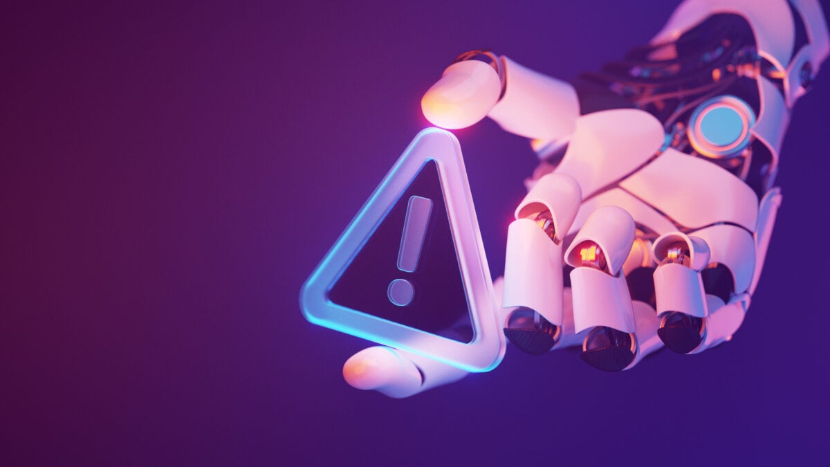 Futuristic Robotic Hand Holding a Glowing Warning Sign in Cyber Space
