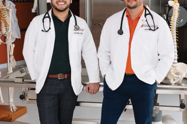 Jon Trujillo, left, and Justin Jensen are students at Dell MedicalSchool and are also pursuing MBAs at Texas McCombs.