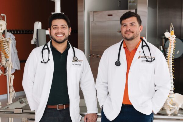 Jon Trujillo, left, and Justin Jensen are students at Dell MedicalSchool and are also pursuing MBAs at Texas McCombs.