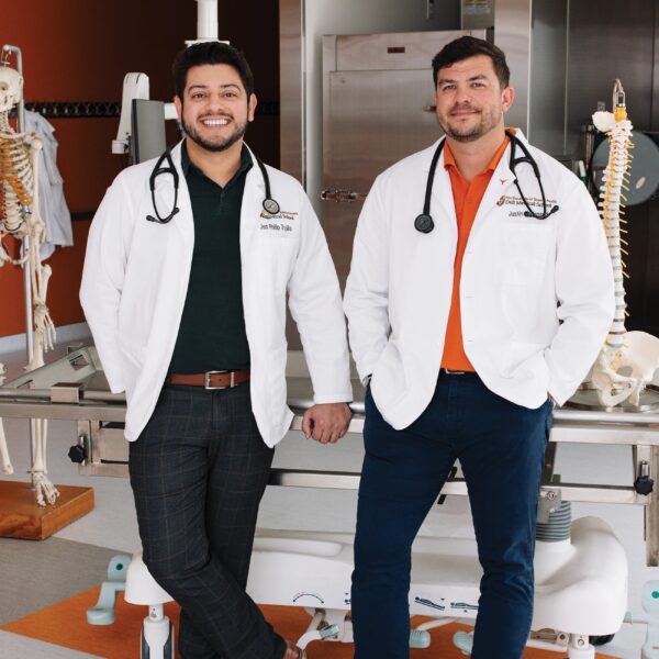 Jon Trujillo, left, and Justin Jensen are students at Dell MedicalSchool and are also pursuing MBAs at Texas McCombs.