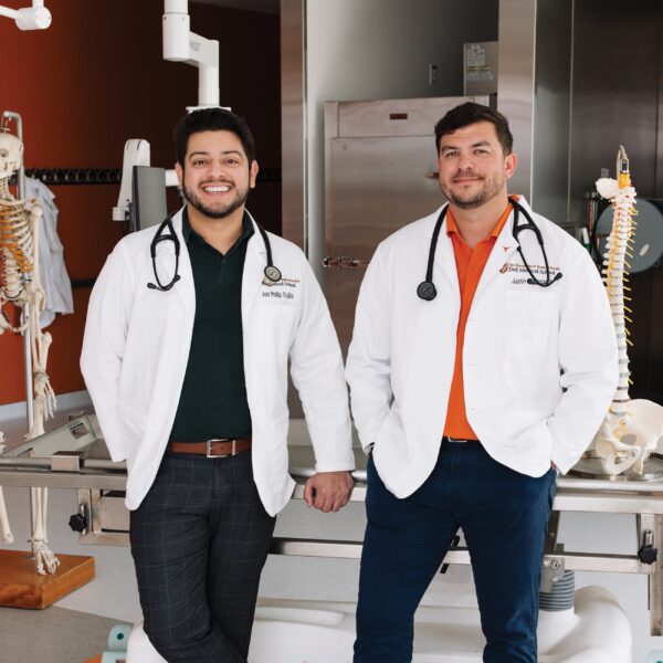 Jon Trujillo, left, and Justin Jensen are students at Dell MedicalSchool and are also pursuing MBAs at Texas McCombs.