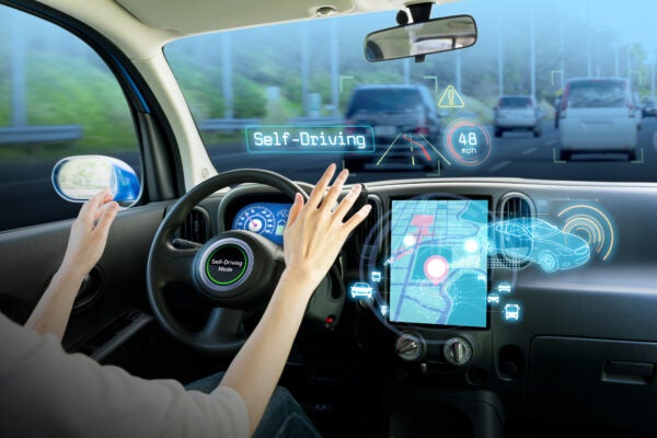 cockpit of autonomous car. self driving vehicle hands free driving.