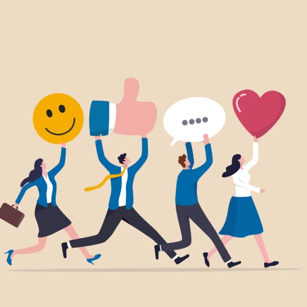 Social media team, community management or online advertising, manage social network or communication concept, business people social media team holding thumb up, love, speech bubble and smile sign.