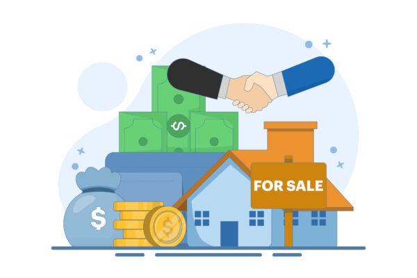 House for sale concept. Real estate business with houses. Small real estate agent or broker shaking hands with person who buys house. Modern flat cartoon style. Vector illustration on background.