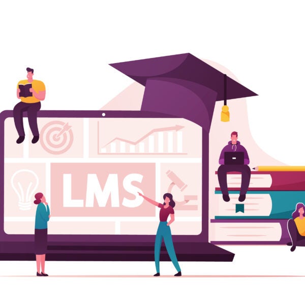 Lms, Learning Management System Concept. Tiny Male and Female Characters around of Huge Laptop with Graphs and Graduation Cap, Piles of Textbooks, Students Studying. Cartoon Vector People Illustration