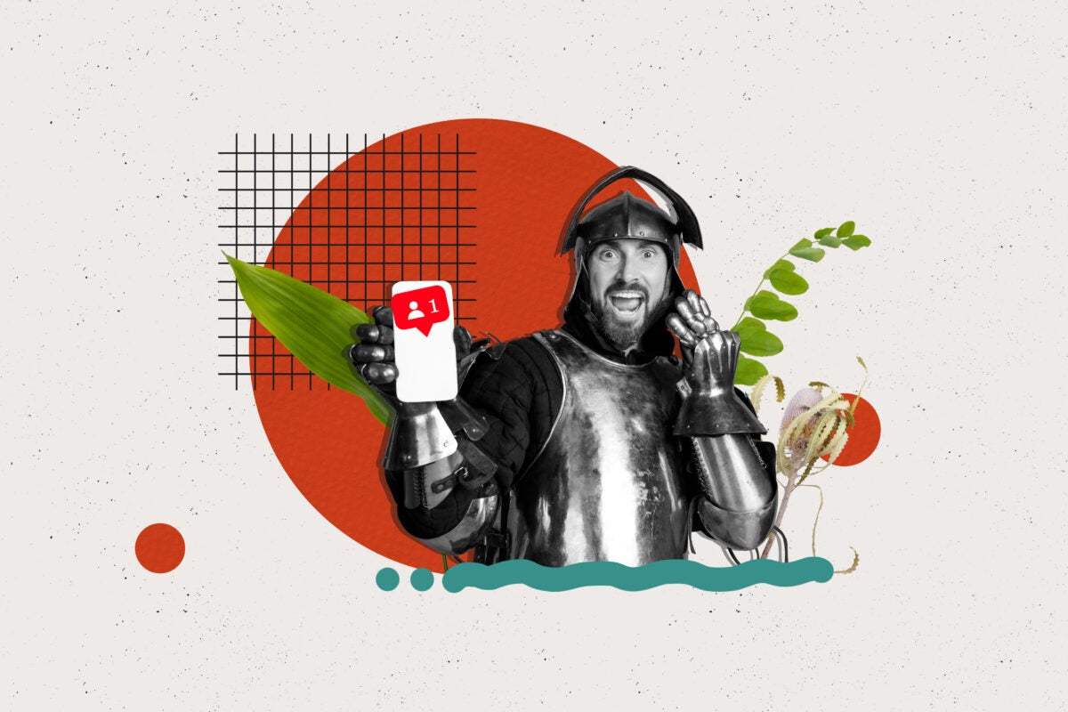 Trend artwork composite banner 3D collage of young man smile hand hold smartphone social network notification knight vintage hero clothing