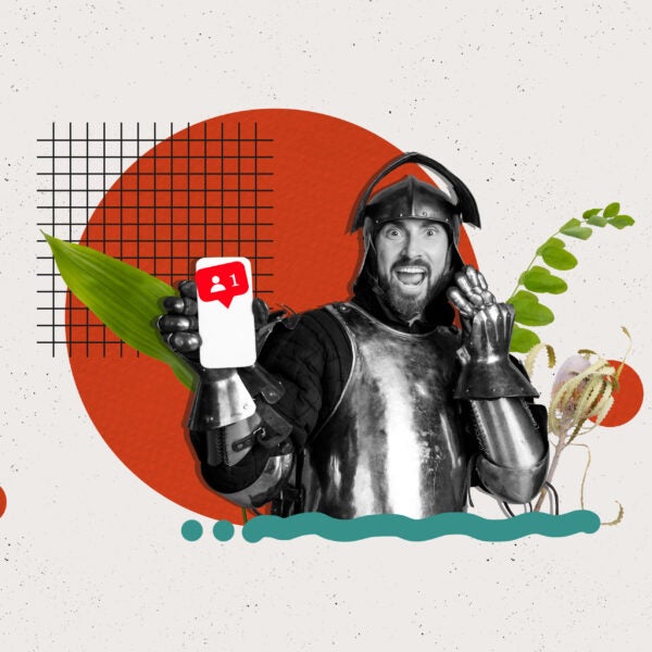 Trend artwork composite banner 3D collage of young man smile hand hold smartphone social network notification knight vintage hero clothing