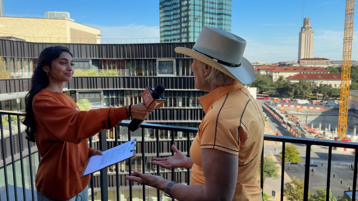 Freshman Varshini Byreddy interviews Dean Lillian Mills during a tour of the Mulva Hall construction site. Mills said the building leans into McCombs’ future-focused vision.