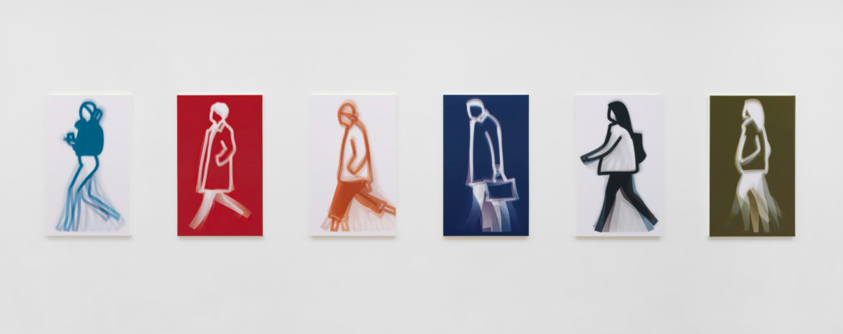 Julian Opie Old Street Walkers Coffee, Curly Hair, Turn Ups, Leather Bag, Long Hair, and Fur Jacket